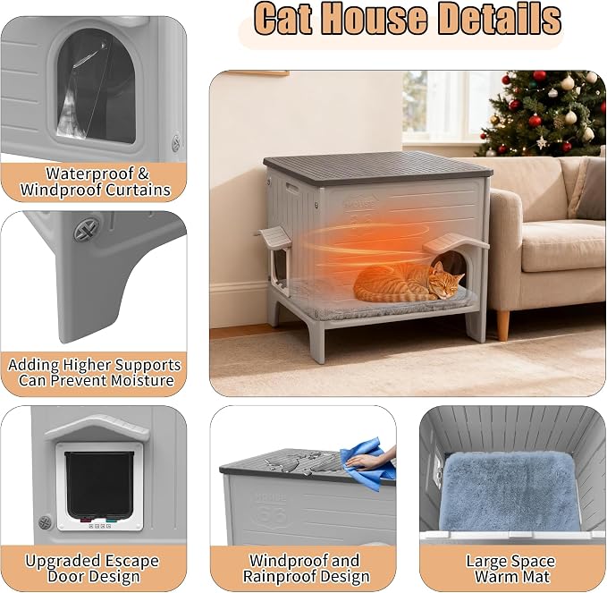 Cat House Outside with Soft Mat for Winter Plastic Cat House Outdoor | Waterproof Feral Cat Shelter with Escape Door, Easy to Assemble Easy to Clean