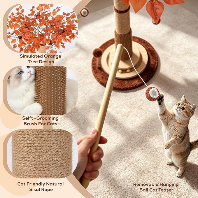 46" Extra Tall Cat Scratching Post with Toy for Large and Adult Indoor Cats | Sisal Cat Scratcher Tree with 3D Leaves, Hanging Plush Ball, Stable Wooden Base with Ball Track Toys