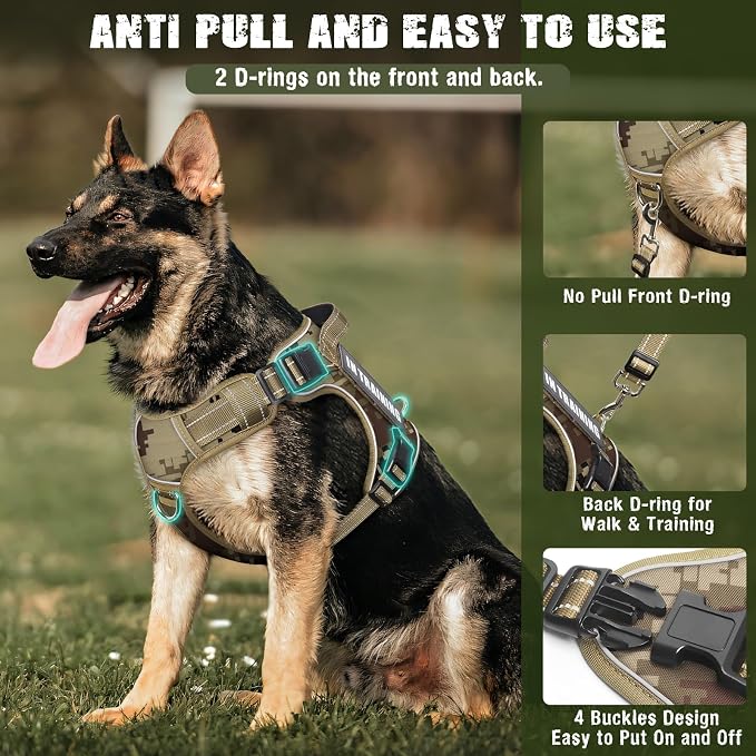 Tactical Dog Harness and Leash Set with 10 Patches for Large Dogs | Heavy Duty Adjustable No Pull Service Dog Vest for Large Dogs with Dog Seat Belt,for Training Walking Hiking Brown XL