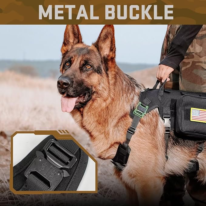 Forestpaw Tactical Dog Harness Pouches and Patches Set,L,Black | Adjustable Fits 27-40" Chest,70-140 lbs,No Pull Military Style Service Dog Vest for Daily Walking Training,Medium Large Dogs