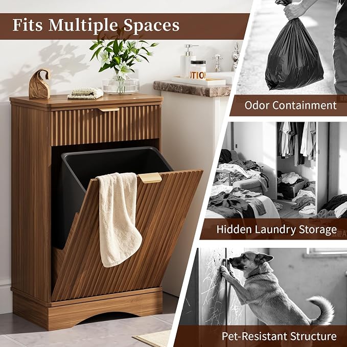 Dog Feeding Station,Dog Food Storage Cabinet,Pet Feeding Station with 2 Elevated Bowls,Hidden Pet Feeder Station with Hooks (Tilt-Out Dog Feeding Station-Walnut)