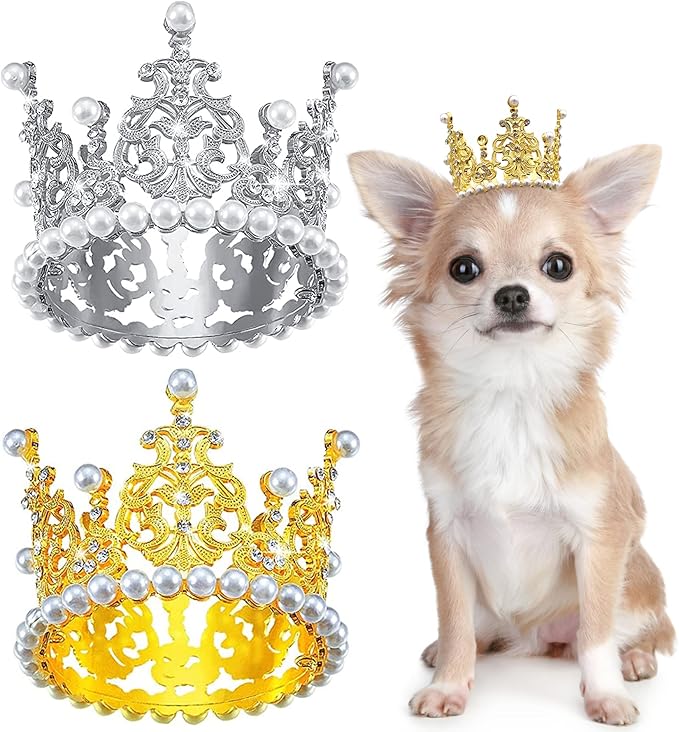 PET SHOW 2pcs Medium Dog Crown Headband Puppies Cat Hat for Birthday Party Silver Gold Rhinestone Faux Pearl Crown for Pets Wedding Hair Accessories Photo Prop Costume