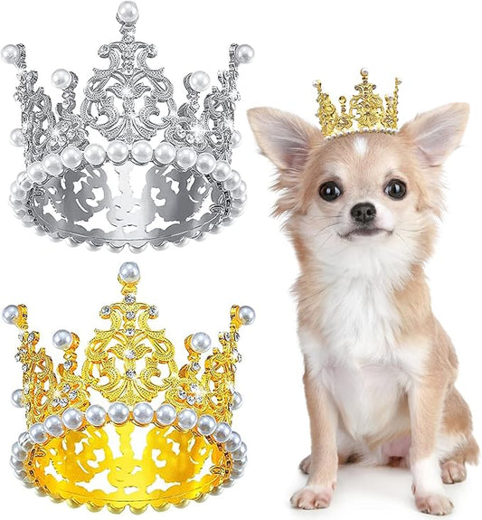 PET SHOW 2pcs Medium Dog Crown Headband Puppies Cat Hat for Birthday Party Silver Gold Rhinestone Faux Pearl Crown for Pets Wedding Hair Accessories Photo Prop Costume