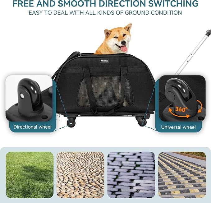 PETSFIT Extra Large Pet Carrier with Wheels- Rolling Dog Carrier for 2 Small Dogs, Large Cat Carrier on Wheels with Adjustable Safety Rope & Waterproof Bottom (𝑵𝒐𝒕 𝑨𝒊𝒓𝒍𝒊𝒏𝒆 𝑨𝒑𝒑𝒓𝒐𝒗𝒆𝒅)