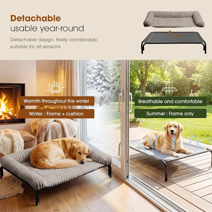 Czpalo Elevated Dog Bed with Removable Bolster Cushion Mat, Raised Pet Cot for Large Sized Dogs with Breathable & Washable Mesh, Indoor & Outdoor Pet Hammock with Skid-Resistant Feet.