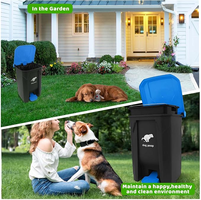 Dog Poop Trash Can Outside - 20L/5Gal Large Outdoor Trash Can with Lid Blue | utdoor Dog Poop Trash Can with 100 Bags, Pedal and Removable Inner Bin, Odor Control, Suitable for All Types of Dogs