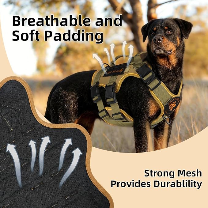 Reflective Tactical Dog Harness with AirTag Holder&3 Pet Patches, Khaki XL | Heavy Duty No Pull Dog Harness, Adjustable Dog Harness, Two Handles, Breathable Mesh Padding, Resists Dirt and Stay Clean