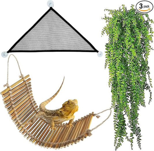 kathson Reptile Bridge for Terrarium,Bearded Dragon Wooden Bridges Gecko Hammock with Hanging Plants Lizard Lounger Bamboo Ladder Reptiles Tank Accessories Climbing for Chameleons Geckos Snakes (3Pcs)