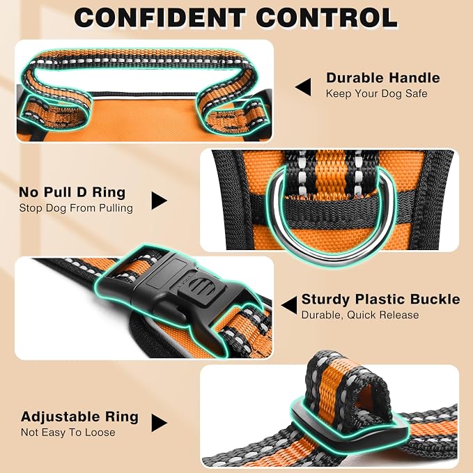 Dog Harness No Pull, Pet Harnesses with Dog Collar, Adjustable Reflective Oxford Outdoor Vest, Front/Back Leash Clips for Small, Medium, Large, Extra Large Dogs, Easy Control Handle for Walking