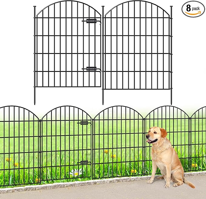 FOREHOGAR Metal Garden Fence with Gate 36in (H) x 18.7ft (L), 1 Gate+7 Panels Dog Fence Border Fence Animal Barrier, No Dig Garden Fencing for Yard Flower Bed Lawn Patio Outdoor,ECG3508,Black