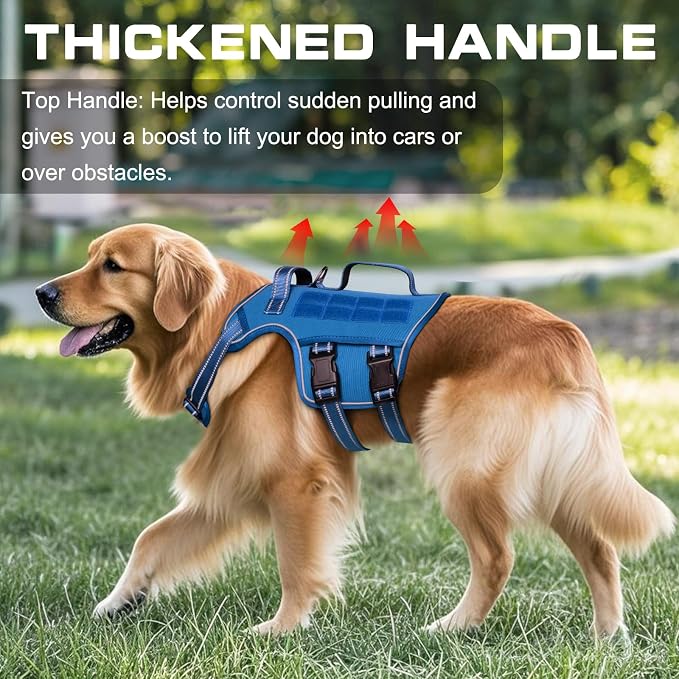 Dog Harness, Tactical No Pull for Small Sized Dog with Handle | Breathable Soft Padded, Adjustable, Reflective, Molle System, Heavy Duty, No Choke for Walking Training, Blue Small