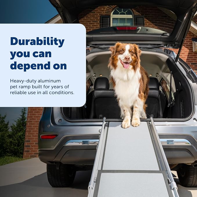 PetSafe Happy Ride Extra Long Telescoping Dog Ramp, Portable Pet Ramp for Cars, Trucks & SUVs with Adjustable Sizing | Extends 47-87 in to Reach Tall Trucks & SUVs, Rubber Feet, Side Rails, Safety Latch for Storage, Supports Dogs up to 300 Lb