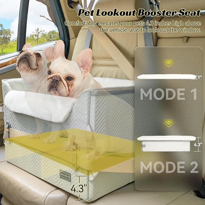 PETSFIT Dog Booster Car Seat, Waterproof PU Leather Car Seat for Dogs with Patented Safe Buckles, 2 Clip-On Safety Leashes, Suitable for 2 Small Dogs or a Medium Dog (Medium, Grey)