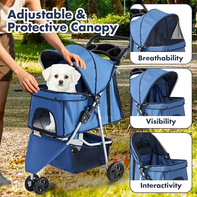 3 Wheels Pet Stroller,Storage Basket and Cup Holder, Breathable Mesh, Waterproof and Foldable for Small/Medium Dogs and Cats Strollers, Lightweight Travel Carrier for Daily Walks & Outdoor，Blue