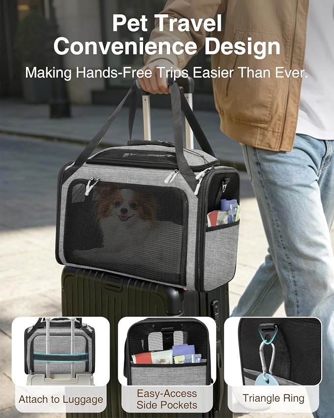 Expandable Cat Carrier Bag,Airline Approved Expandable Soft-Sided Pet Carrier(16"x 11"x 11") with Removable Pad,for Cats 12lbs,(Grey Black).