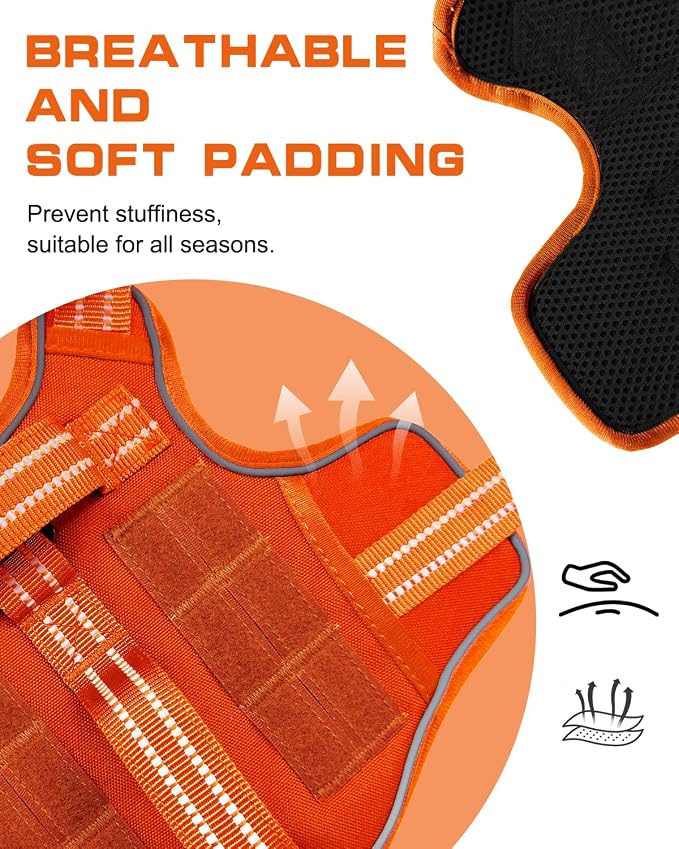 Dog Harness, Tactical No Pull for Small Sized Dog with Handle | Breathable Soft Padded, Adjustable, Reflective, Molle System, Heavy Duty, No Choke for Walking Training, Orange Small