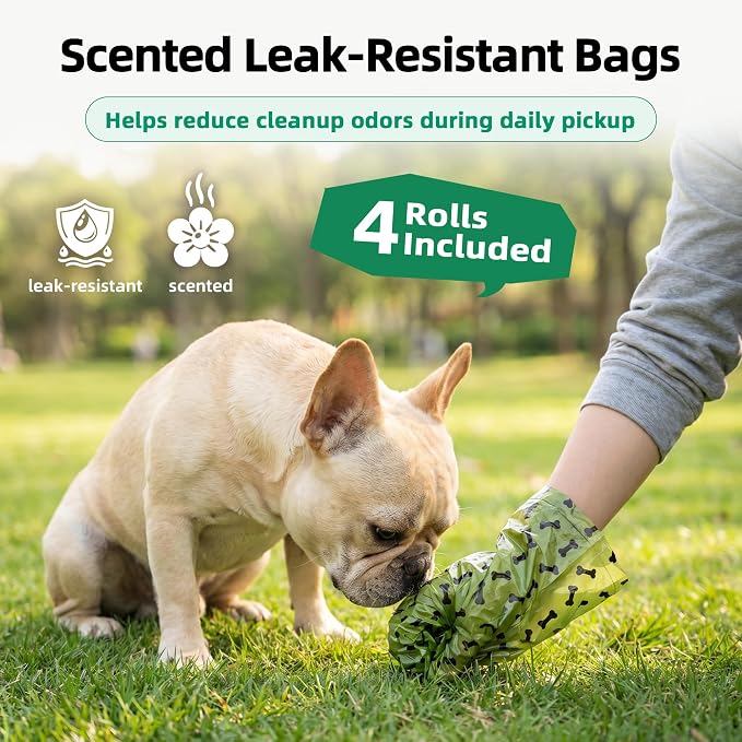 URSPET Dog Poop Bag Dispenser with 4 Rolls, Wall Mount Pet Waste Holder | Stick-On or Screw-On, Viewing Window, Easy Bag Pull, Flip-Top Refill, 60 Bags Included, Indoor and Outdoor Use