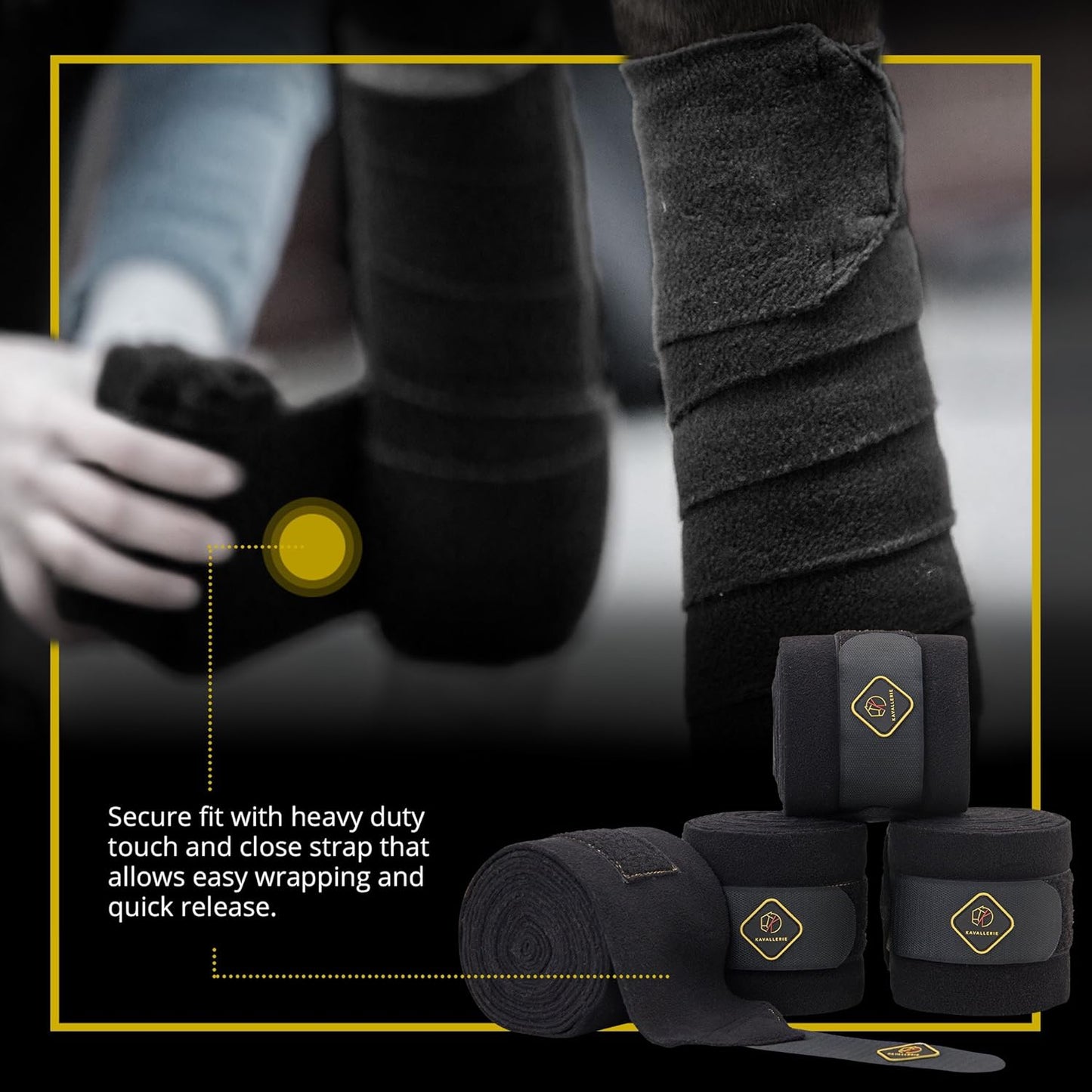 Kavallerie Elastic Fleece Bandages for Horses, Non- Slip and Snug fit Breathable Material for Injury Protection and Superior Legs Support, Stocking up Solution - Black - (2 Units Per Pack)