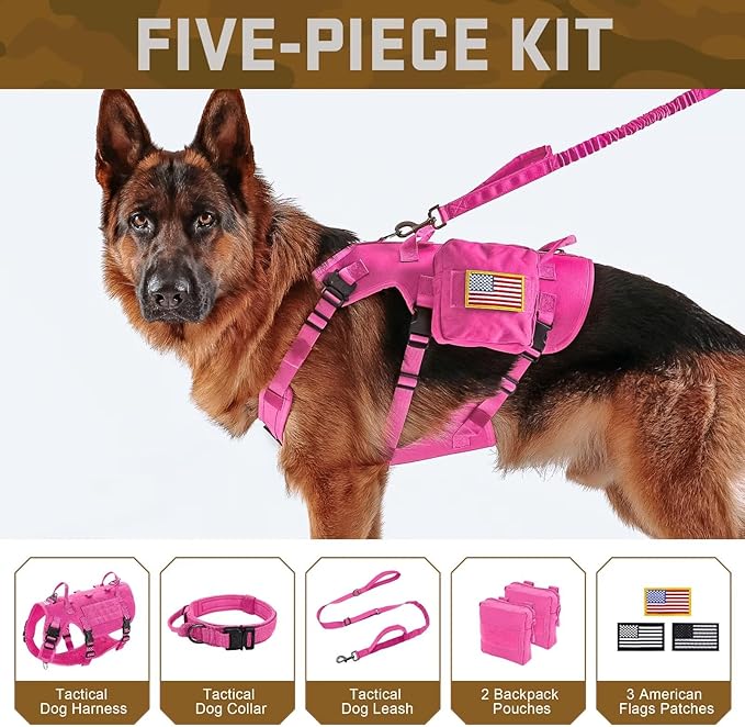 Forestpaw Tactical Dog Harness Collar Bungee Leash Set,M,Hot Pink | Adjustable Fits 22-35" Chest,30-80 lbs,No Pull Control Military Style,Quick Release Buckle,Walking Training for Medium Dogs