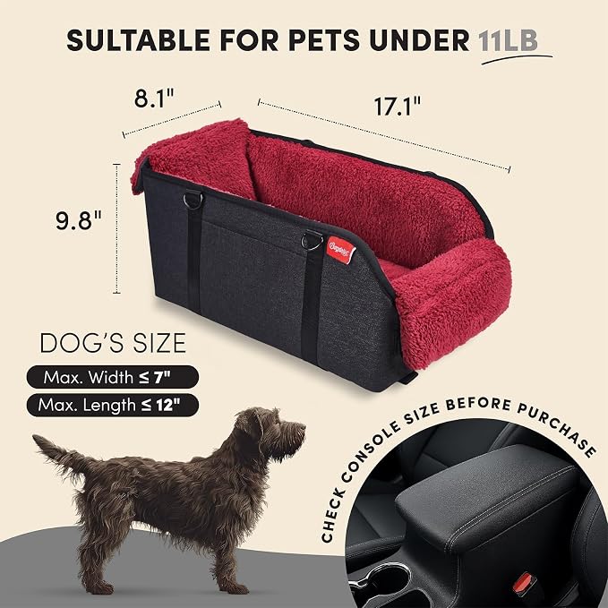 BurgeonNest Center Console Dog Car Seat for Small Pets to 11lbs, Red | Anti-collapse armrest Console seat with washable fluffy cushion, pillow & tether for stable, cozy pet travel trips.