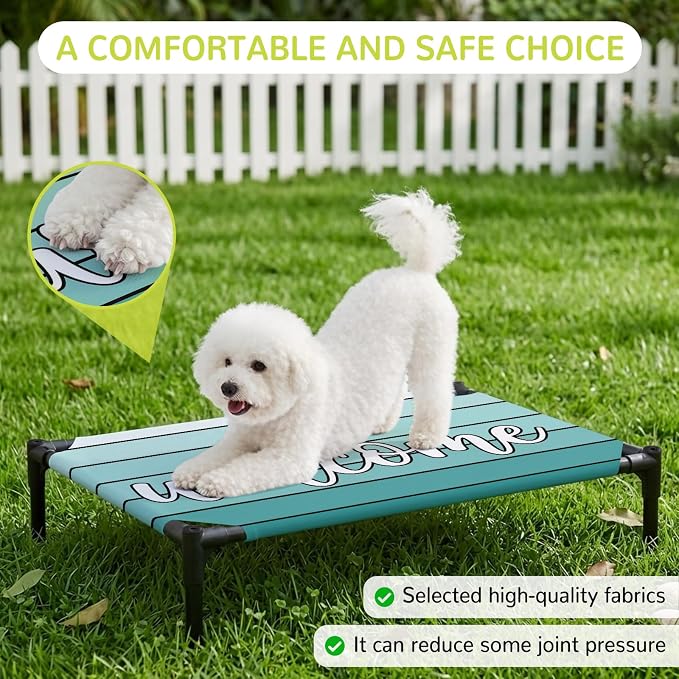 Outdoor Elevated Dog Bed for Medium Dogs, Teal Green Wooden Grain Breathable Cooling Raised Dog Cot for Indoor/Outdoor, Gradient Farmhouse Wood Plank Waterproof Elevated Pet Beds, M 24 x 20 in