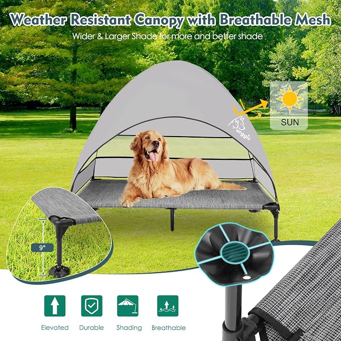 Elevated Outdoor Dog Bed with Canopy Raised Dog Cot with Shade Large Dog | Outdoor Dog Bed with Removable Wider Shade & Stable Anti-Slip Feet for Camping Raised Dogs Cot for Large Pets, Dark Gray