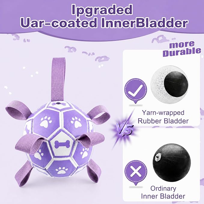Dog Toys Balls, Dog Soccer Ball with Straps, Dog Birthday Gifts, Durable Balls for Small Medium Pet, Puppy Outdoor Toy, Pet Training Soccer Ball, World Cup Soccer (6 Inch) (Purple, Medium)