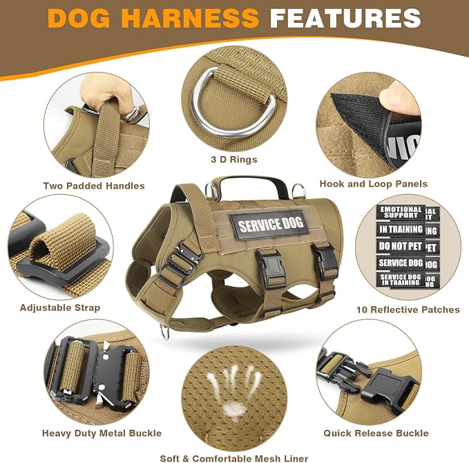 Tactical Dog Harness with Dog Leash, Service Working MOLLE Vest with 10 Pet Patches for Large Dog, No Pull Military Harness and Backpack for Training Hunting Walking