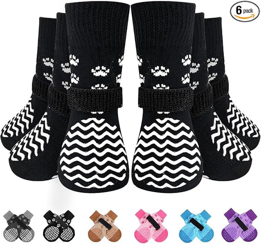 EXPAWLORER 6Pcs Anti Slip Dog Socks to Prevent Licking Paws, Dog Shoes for Hot Pavement Double Sides Dog Boots & Paw Protectors Booties for Hardwood Floors with Grip Small Medium Large Senior Dogs, L