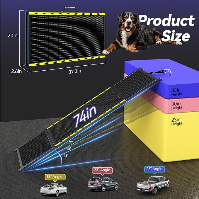 74'' L & 20'' W Longest Dog Ramp for Car - Extra Wide Portable Pet Dog Ramps for Large Dogs, Dogs Cars Ramp for Car SUV/Truck/RV/Bed, Lightweight Ramps with Non-Slip Mesh Up to 250LBS, Black | Extra Wide Portable Pet Dog Ramps for Large Dogs, Dog Car R...