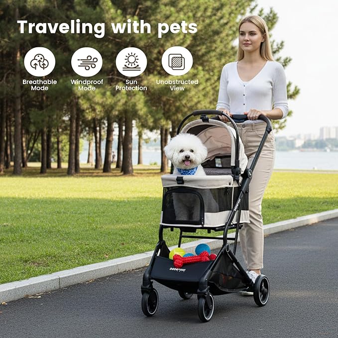 T3 Small Dog Stroller (Beige) | Detachable Carrier, Easy Assembly, Aluminum Alloy Frame, Larger Rear Wheels, Breathable Fabric, One-Touch Braking