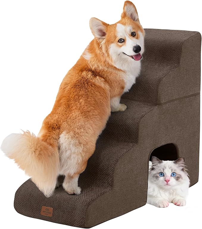 Joydeco Dog Stairs for Bed 29" H, 5-Step Pet Steps for Small Dogs and Cats, Dog Steps for High Bed, Non-Slip Balanced Ramp Indoor Pet Stairs, Brown