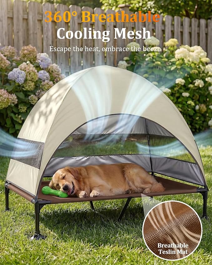 Elevated Dog Bed with Canopy - 3-Sided UV Protection Pet Tent with Wider Shade, Raised Cooling Outdoor Dog Cot with Breathable Mesh for Medium Large Dogs, Portable Bed for Camping, Patio (Khaki, XL)