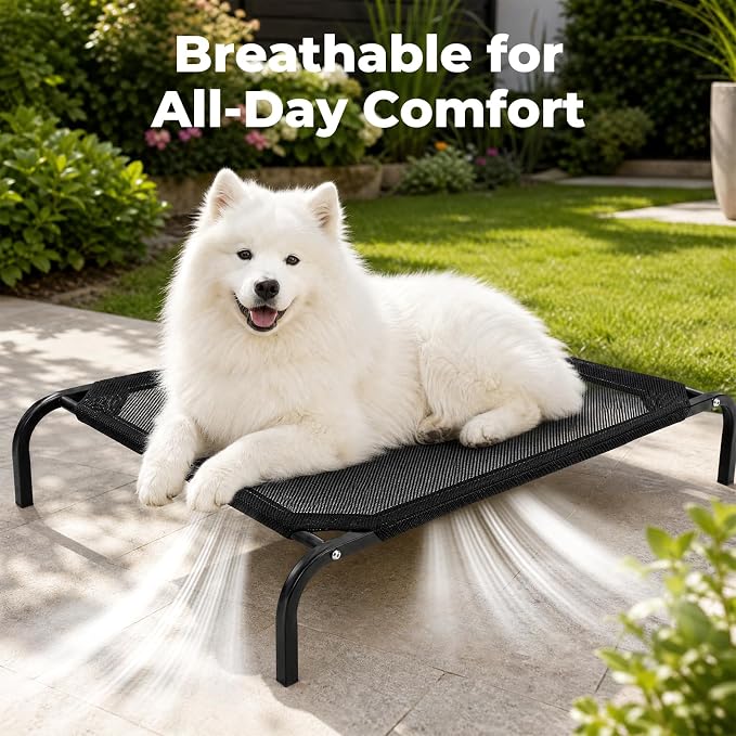 Outdoor Raised Dog Cot Bed for Large Dogs, Large Breathable Elevated Cooling Dog Beds, Off Ground Training Pet Hammock Bed with Anti-Slip Base, 41"x25", Black