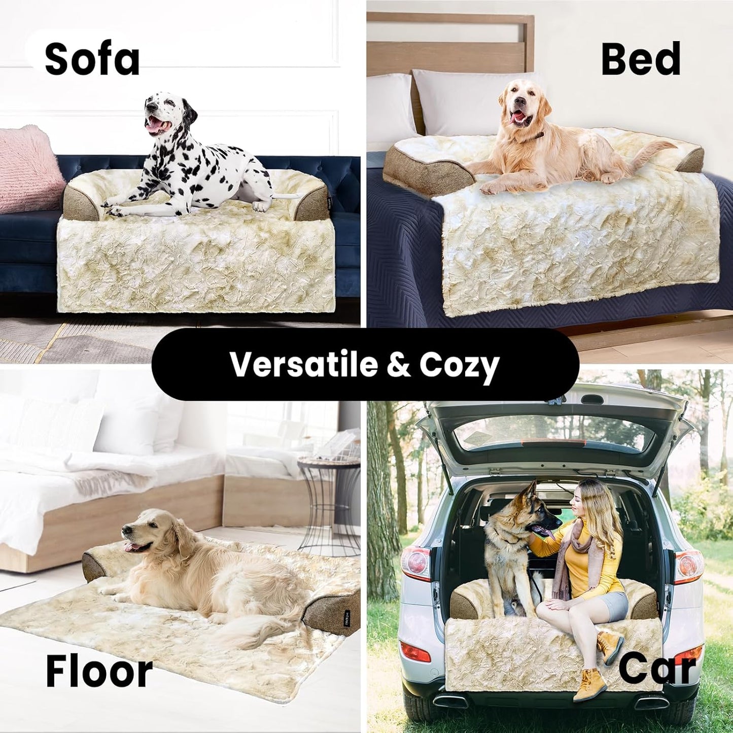 Calming Extra Large Dog Couch Bed, 45 x 37 inch Waterproof Removable Pet Mat Couch Cover for Furniture Protector, Non-Slip Fluffy Pelsbarn Dog Bed for Couch, Sofa, Car - Tie-Dye Khaki