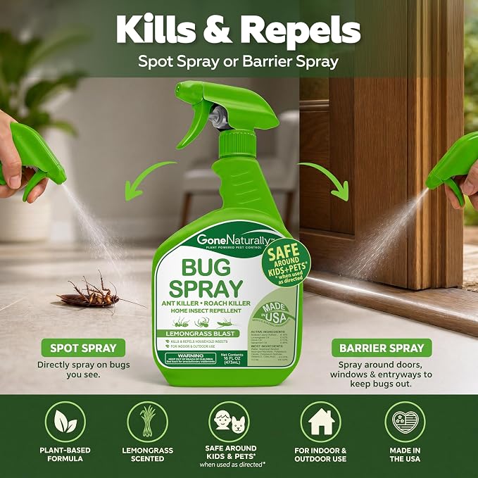Lemongrass Bug Spray for Home– Extra Strong Insect Repellent & Bug Spray for Home– Kills & Repels Ants, Roaches, Spiders & More– Safe Around Kids & Pets– Indoor & Outdoor Use (16oz)