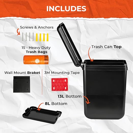 PEXTER Outdoor Dog Poop Trash Can Outside - Wall Mounted Dog Waste Bin & Garbage Can, 2-in-1 Converts 13L to 8L (3.5/2.1 Gal), Pet Waste Container for Dogs - Includes 15 Heavy Duty Bags (Black)