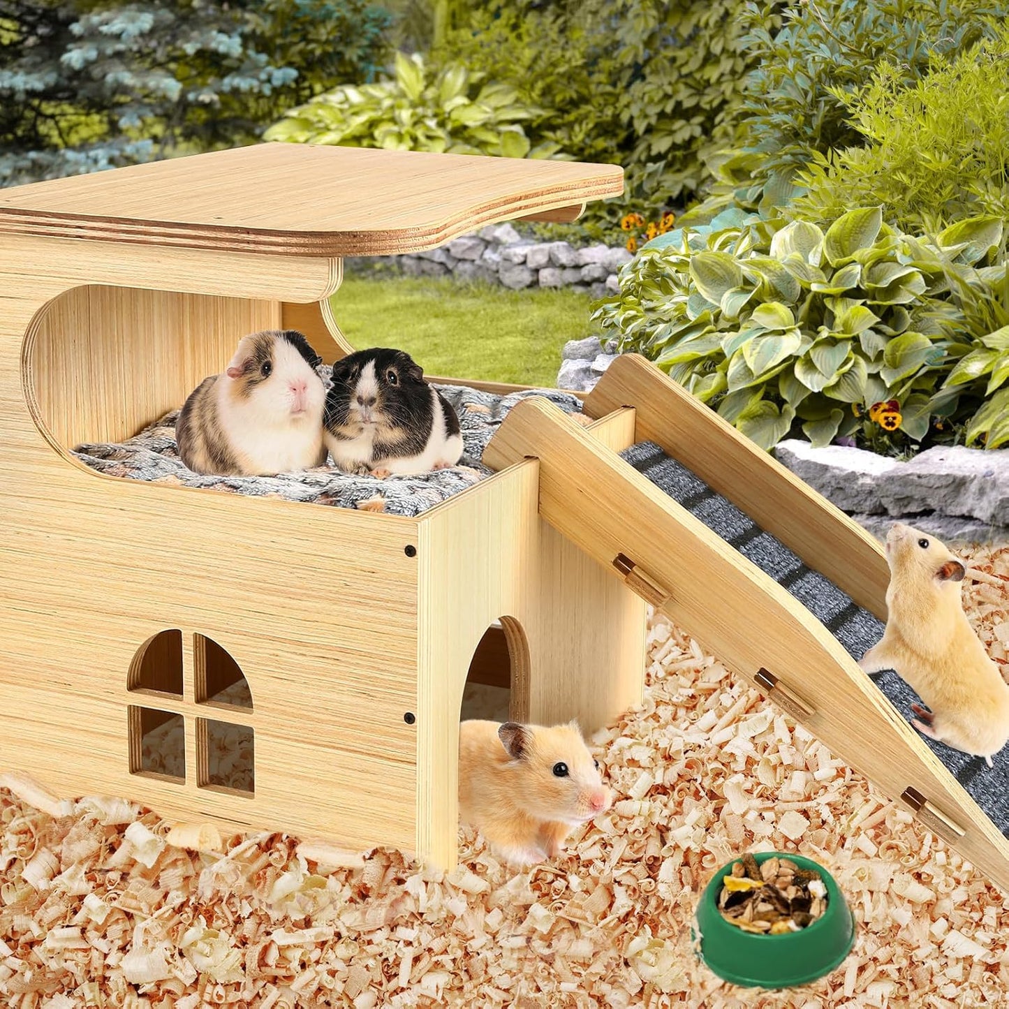 Upgraded Thickened Board Wooden Guinea Pig Castle Hideout - Spacious & Long-Lasting Small Pet Mansion with Stairs & Mat for Guinea Pigs, Chinchillas, Rats, Hamsters, and Bunnies