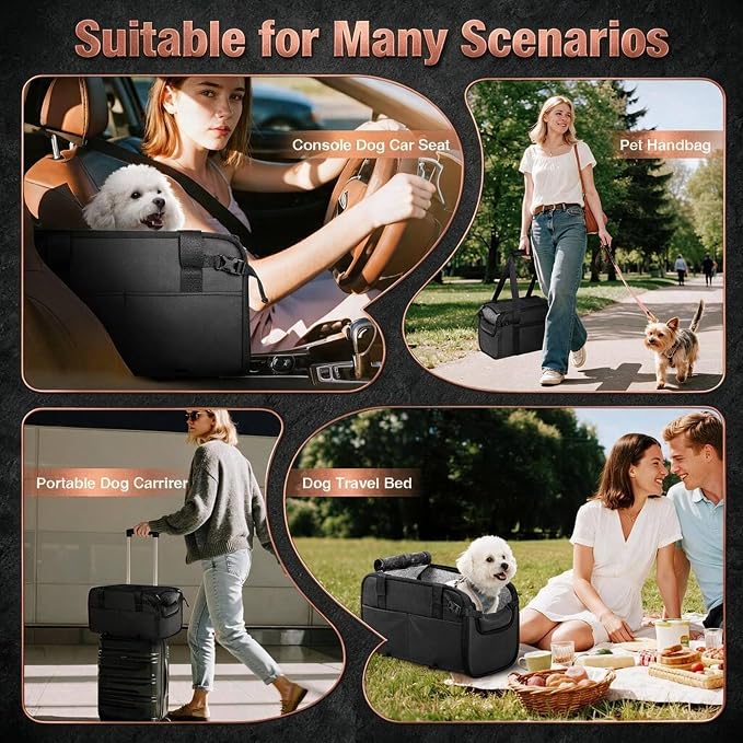 YUDODO 2-12lbs Center Console Dog Car Seat, Pet Booster Seat for Small Dogs | Portable Puppy Cat Seat, PU Leather, Waterproof, Wipe Clean, Safe & Durable, Side Pockets, for Truck & SUV-Width>8in, Black