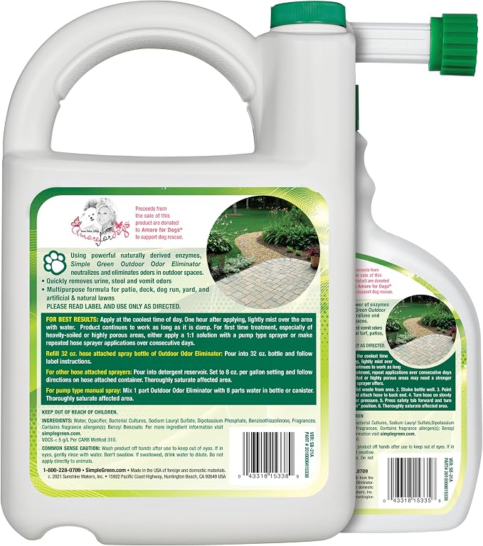Simple Green Outdoor Odor Eliminator for Pets, Dogs, Ideal for Artificial Grass & Patio (32 oz Hose End Sprayer & 1 Gallon Refill)