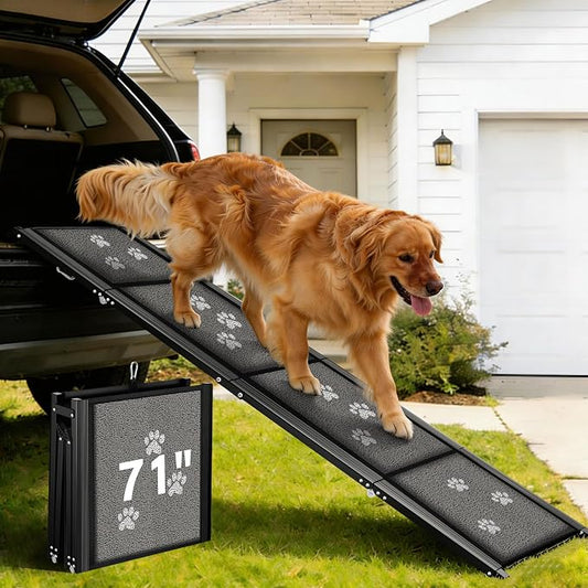Upgraded Dog Ramp for Car 71" X-Long & 19.7" Wider Portable Dog Ramps for Large Dogs Non Slip Rug Surface Extra Wide Steps for SUV Car and Truck Folding Pet Ramp Supports Up to 270LBS