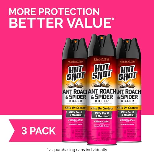 Hot Shot Ant, Roach & Spider Killer, 17.5 Ounces, Kills Roaches and Listed Ants on Contact, Indoor & Outdoor Insecticide Spray, 3 Pack