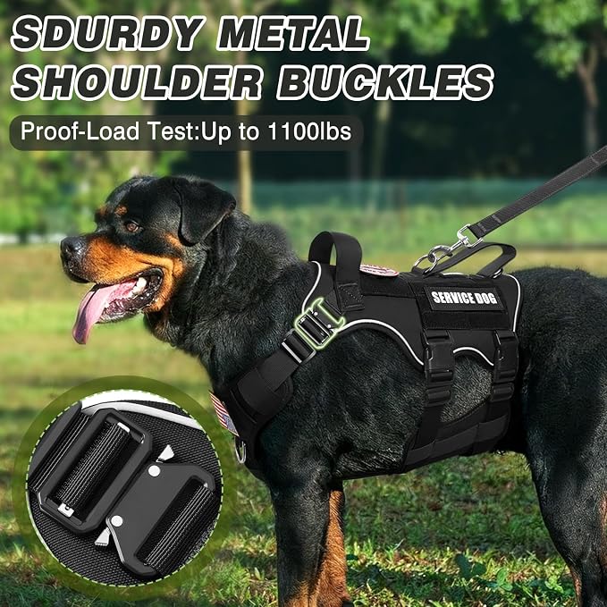 Tactical Dog Harness and Leash Set with Metal Buckles+10 Patches | Heavy Duty Service Dog Vest ,Adjustable Harness for Large Sized Dogs,No Pull Front Back Clips,for Training Hiking,Black L