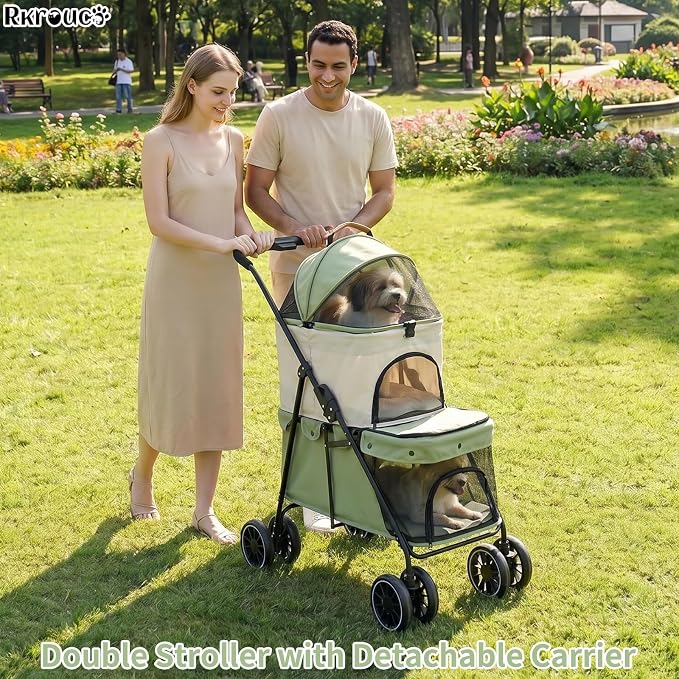 Foldable Double Pets Stroller for Dog Portable Cat Strollers for Small Medium Pet with One Detachable Carrier Flexible Lockable Wheels Lightweight Dogs Jogger (Green Beige)