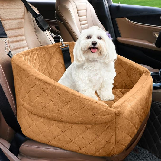 NEEZUKAR Dog Car Seat for Small Medium Dogs,Detachable Washable Dog Booster Seat Under 30lbs,Pet Car Seat Travel Bed with Storage Pockets and Dog Safety Belt（Brown