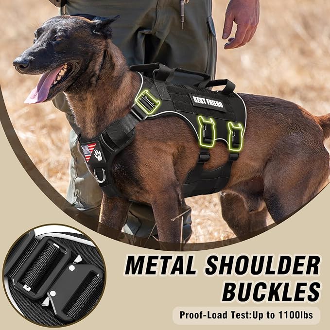 Air Mesh Tactical Dog Harness with Metal Buckles&MOLLE,Black Large | Breathable Adjustable No Pull Service Dog Vest with 3 Padded Handles,Military Dog Harness for Training Hiking Hunting Working