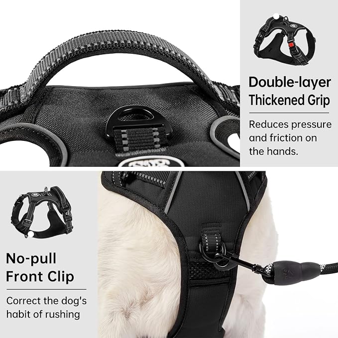 IVY&LANE No Pull Dog Harness for Small Dogs, Dog Vest Harness with Leash, Safety Belt and Storage Strap, Fully Adjustable Harness, 360° Reflective Strip, Soft Handle (Black, XS)
