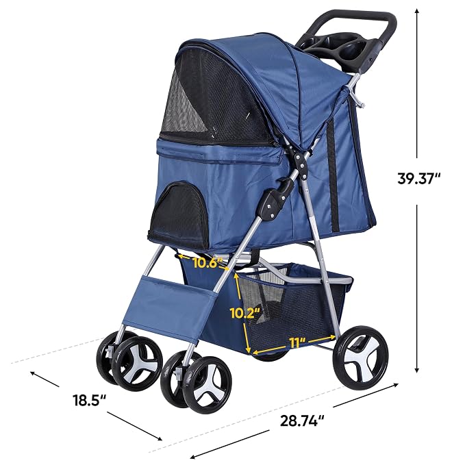 4 Wheels Dog Stroller Folding Pet Strolling Cart for Small Medium Cats Puppies Portable Jogger Travel Camping Puppy Carrier with Storage Basket Cup Holder, Navy Blue