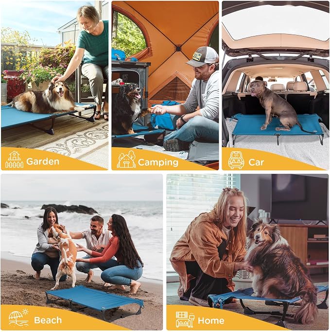 Folding Raised Dog Cot, Large Outdoor Elevated Dog Bed with Upgraded Non-Slip Feet, Cooling Chew Proof Portable Heavy Duty Pet Cot Up to 160 lbs for Camping/Home, Dark Blue, 43"x27"