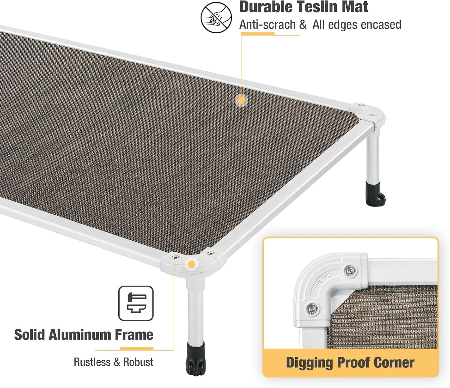 Veehoo Chew Proof Elevated Dog Bed - Cooling Raised Pet Cot - Silver Aluminum Frame and Durable Textilene Mesh Fabric, Unique Designed No-Slip Feet for Indoor or Outdoor Use, Brown, X-Large, CWC2003